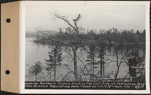 Contract No. 66, Regulating Dams, Middle Branch (New Salem), and East Branch of the Swift River, Hardwick and Petersham (formerly Dana), looking northerly from a knoll on the east side of Pottapaug Pond, east branch regulating dam, Hardwick, Mass., Dec. 14, 1938