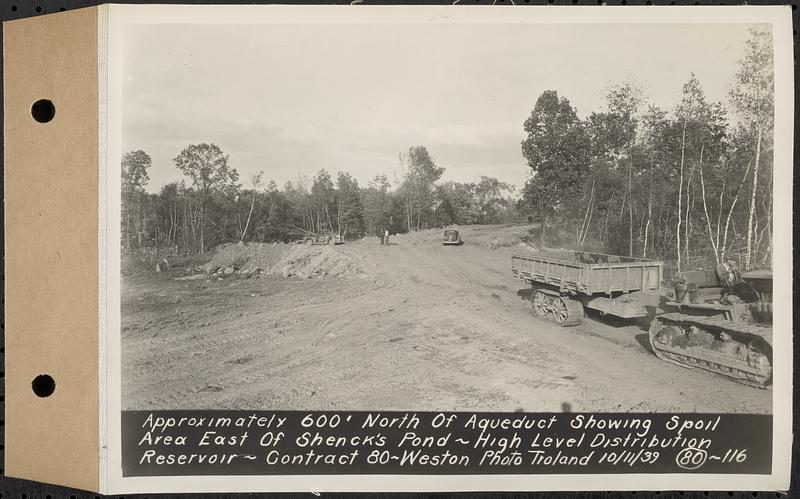 Contract No. 80, High Level Distribution Reservoir, Weston, approximately 600 feet north of aqueduct showing spoil area east of Schenck's Pond, high level distribution reservoir, Weston, Mass., Oct. 11, 1939