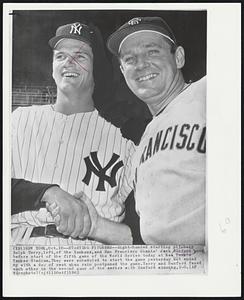 Starting Pitchers--Right-handed starting pitchers Ralph Terry, left, of the Yankees, and San Francisco Giants' Jack Sanford pose before start of the fifth game of the World Series today at New York's Yankee Stadium. They were scheduled to start the game yesterday but ended up with a day of rest when rain postponed the game. Terry and Sanford faced each other in the second game of the series with Sanford winning, 2-0.