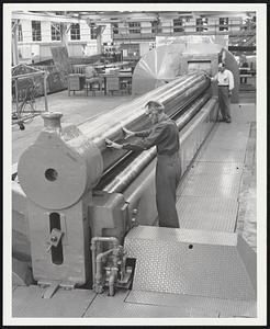 Mammoth Machinery Required in Building Boeing Stratojets 200-Ton Bertsch Bending Roll, originally designed for use in the ship-building industry, is just one of the heavy-type machines necessary in meeting production schedules of Boeing Airplane Company's Wichita, Kan., Division. The roll is used in contouring wing panels of 100-ton Stratojet B-47E medium bombers and RB-47E photo reconnaissance airplanes. An important milestone in Boeing's 38-year history came October 14 with the rollout at it's Wichita, Kan., Division of the 1,000th swept-wing B-47E bomber, marking the completion of 34 months of on-schedule operations. Both versions of the Stratojet -- the bomber and the reconnaissance airplane -- are powered by six General Electric J47 turbojet engines which develop 6,000 pounds thrust each. Boeing-designed Stratojets also are being manufactured for the Air Force under a license agreement by Douglas Aircraft Company, Inc., Tulsa, Okla., and by Lockheed Aircraft Corporation, Marietta, Ga. Boeing Airplane Company Photo