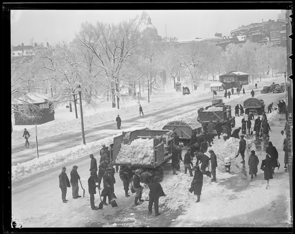 Men shoveling snow into trucks