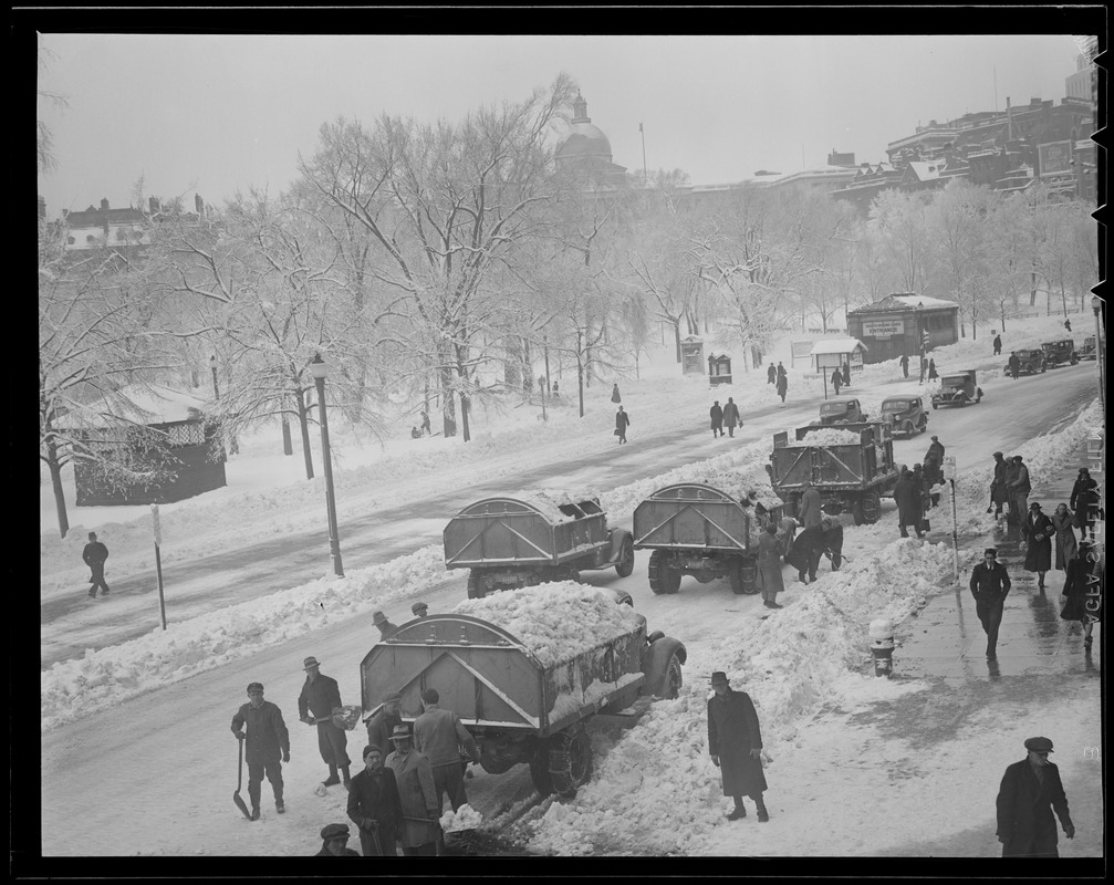 Men shoveling snow into trucks