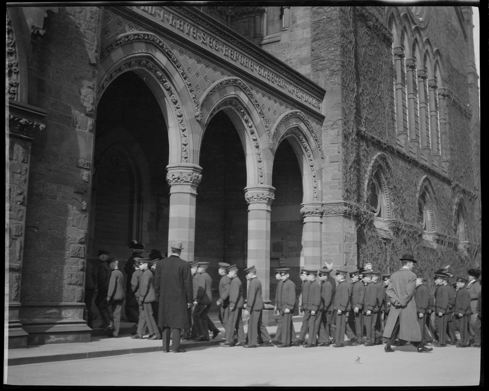 Military men entering New Old South Church in Copley Square