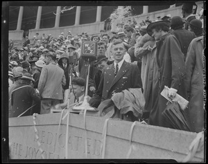 President Conant of Harvard speaks to crowd and WBZ Radio, at Harvard Stadium