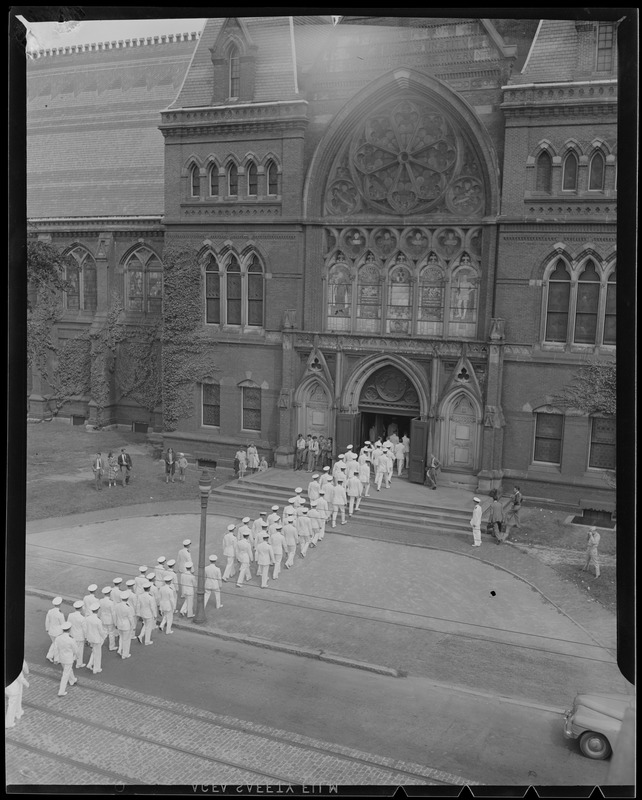 Men in uniform entering Memorial Hall, Harvard