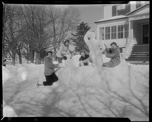 Girls making snow sculptures, Lasalle Junior College