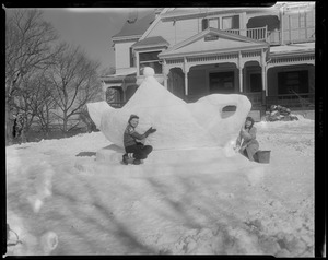 Girls making snow sculptures, Lasalle Junior College