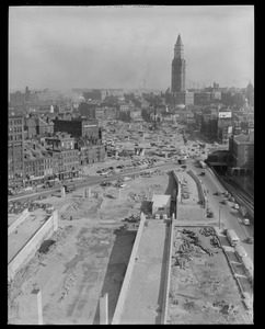 New overpass, Haymarket Square, Charlestown, North Station. Aerial view, Custom House Tower in background.