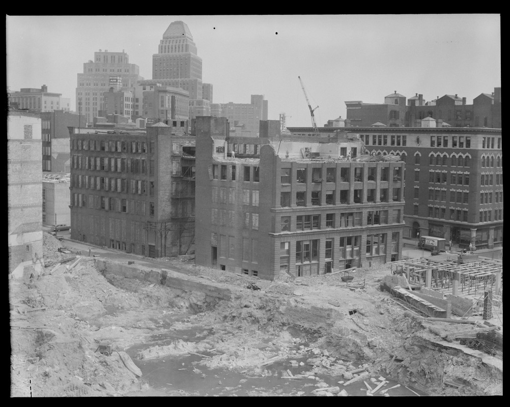 Digging down, views from Hudson and Beach St. toward city (on the foreground site stood the Untied States Hotel). Note - this must have been made ground.