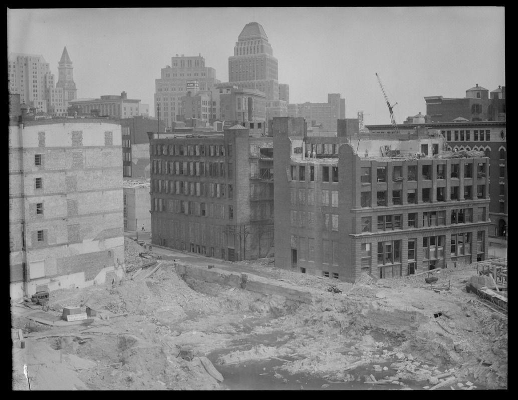 Digging down, views from Hudson and Beach St. toward city (on the foreground site stood the United States Hotel). Note - this must have been made ground.