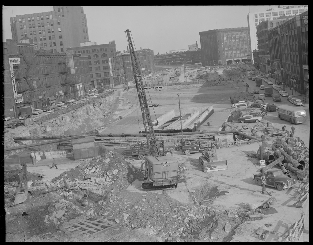 Dewey Square - showing tunnel under construction. Looking down Atlantic Avenue from South Station.