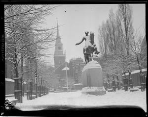 Revere Statue and Old North Church, North End, in the snow