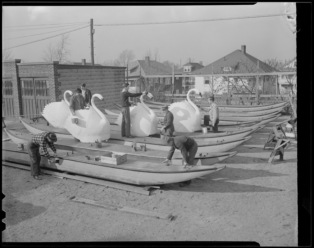 Getting Swan Boats ready for Public Garden, Brighton