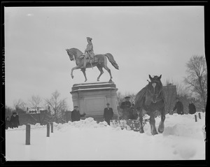 Horse plows snow next to Washington Statue, Public Garden