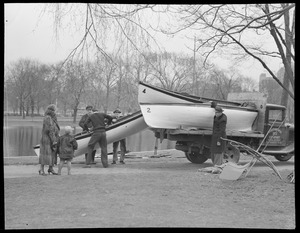 Whitworth Ice Co. truck unloading boats on Boston Common near Frog Pond