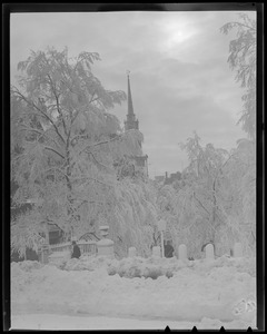 Boston Common in the snow showing Park Street Church