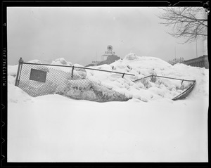 Snow piled high on baseball field, Boston Common