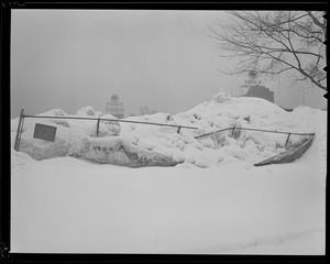 Snow piled high on baseball field, Boston Common