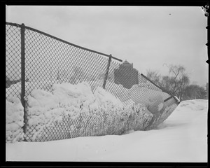 Snow piled high on baseball field, Boston Common