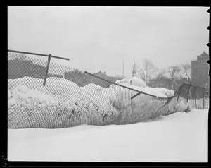 Snow piled high on baseball field, Boston Common