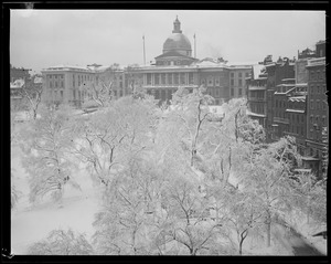 Boston Common and State House in snow