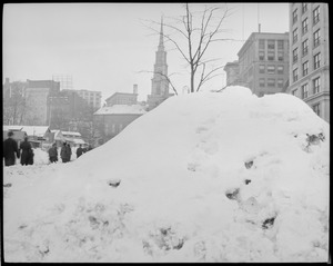 Pile of snow on Common near Park Street Church