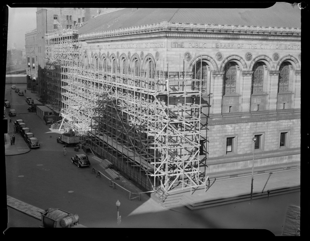 Scaffolding on Blagden St. side of Boston Public Library
