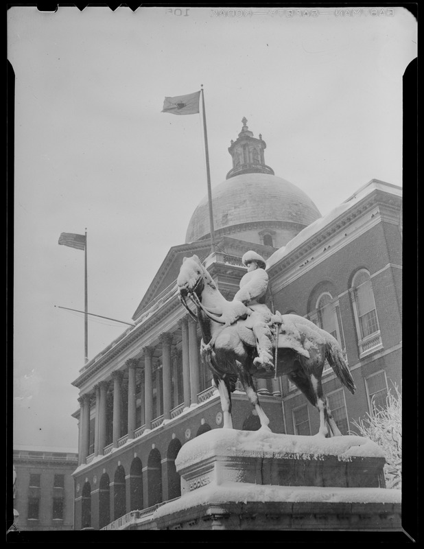 State House and Hooker Statue in snow