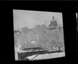 State House and Common in the snow, through window