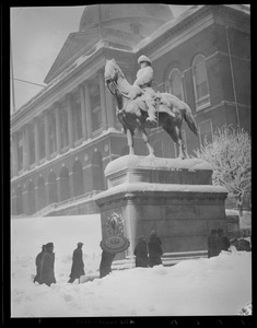 State House and Hooker Statue in snow
