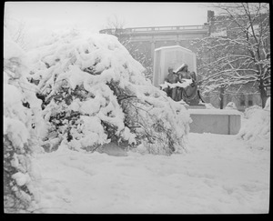 Unidentified monument in snow, Fenway James Boyle O'Reilly monument(?)