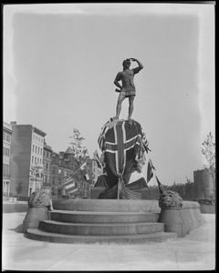 Leif Erikson Statue on Commonwealth Ave., decorated with flags