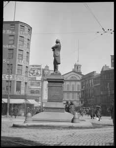 Boston Samuel Adams Statue, Adams Square, moved to Dock Square in 20's, Faneuil Hall in background