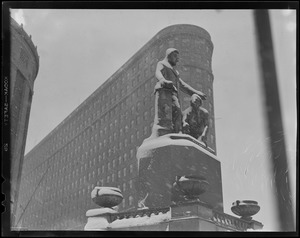 Lincoln Statue in snow storm, Park Square, Boston