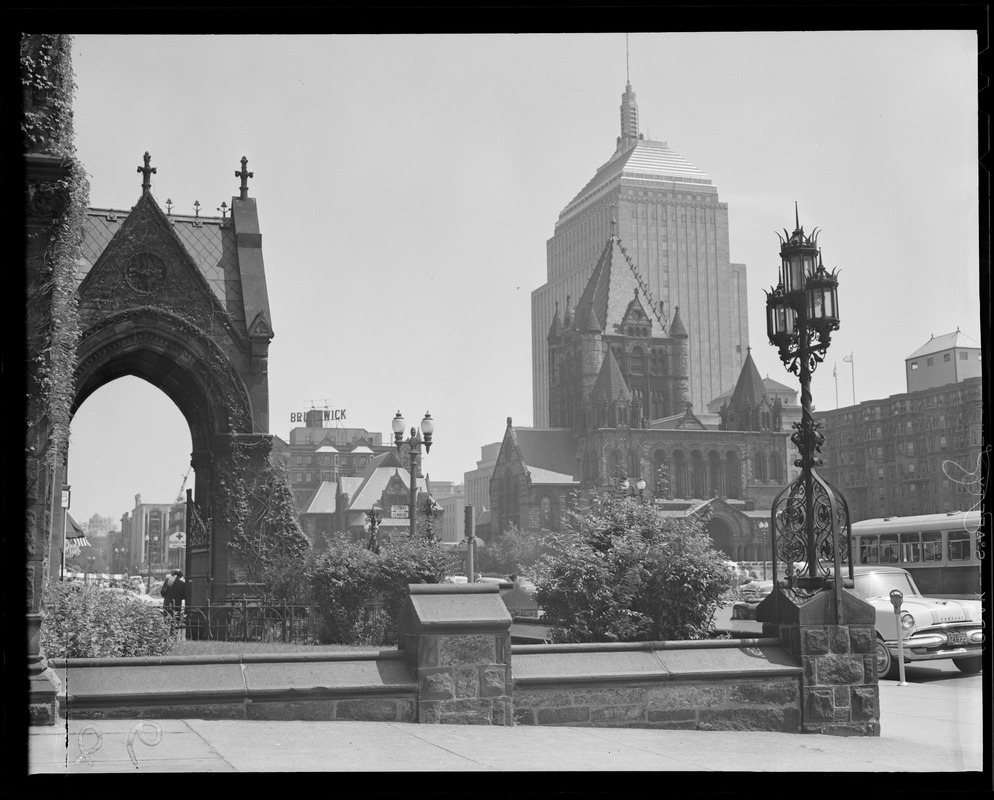 Copley Square toward Trinity Church from Boylston side of New Old South Church