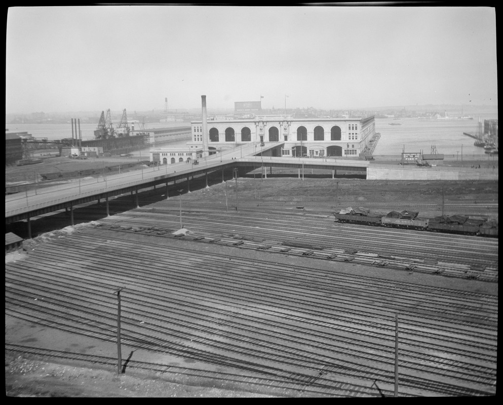 Commonwealth Pier, South Boston showing railroad tracks and approach ramp