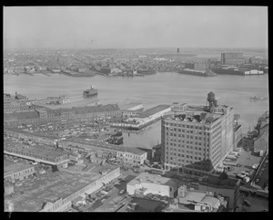 Last trip of the ferry seen from Custom House Tower, East Boston ferry, "Chas C. Donohue"
