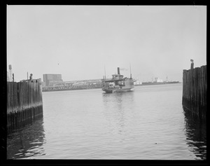 Last trip of the East Boston ferry "Penny", Eastern Ave. slip, Harbor (2), "Chas C. Donohue," East Boston in background