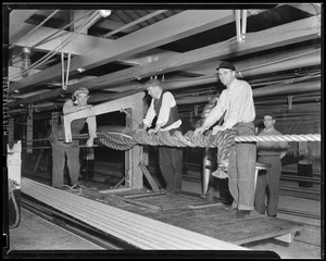 Rope-making, Charlestown Navy Yard, George Cadigan, Frank Hogan, George Morse, laying the rope as it is about to be twisted into one piece