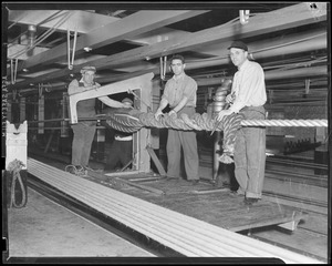 Rope-making, Charlestown Navy Yard, George Cadigan, Frank Hogan, George Morse, laying the rope as it is about to be twisted into one piece