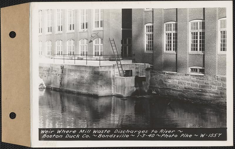 Weir where mill waste discharges to river, Boston Duck Co., Bondsville, Palmer, Mass., Jan. 3, 1940