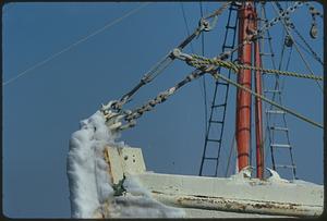 Bow of boat with rigging and snow