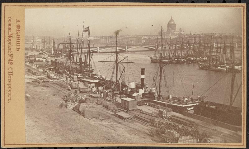 View of St. Petersburg across the Neva from Vasilievsky Island, Blagoveshchensky Bridge and St. Isaac's Cathedral in the background