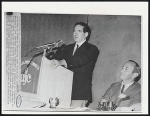 Addresses Jewish Committee-- Morris B. Abram, president of Brandeis University near Boston, Mass addresses a luncheon meeting of the American Jewish Committee on education in Atlanta, GA. today. Abram called for massive federal aid to education, otherwise he warned, the universities will be for rich whites and poor blacks. At right is DeJohngh Franklin, chairman of the chapter in Atlanta of the American Jewish Committee.