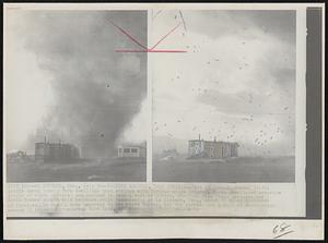 Riviere, Man. – Twister arrives, Then Strikes – Part of tornado funnel (left) lonely farm dwellings then strikes with furious winds (right). Force demolished structure (right picture) and whipped it into a hall of debris. Winnipeg Free Press photographer caught this sequence while vacationing at La Riviere, Man., about 70 miles southwest. No deaths were reported in the storm Sunday, but the tornada cut a belt of destruction les of prosperous farm land.