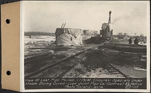 Contract No. 85, Manufacture and Delivery of Precast Concrete Steel Cylinder Pipe, Southborough, Framingham, Wayland, Natick, Weston, view of last pipe poured Jan. 19, 1940, closures, specials under steam being cured, Natick, Mass., Jan. 23, 1940