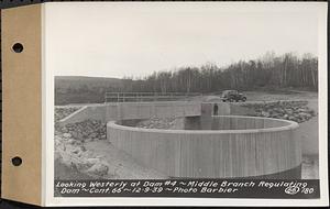 Contract No. 66, Regulating Dams, Middle Branch (New Salem), and East Branch of the Swift River, Hardwick and Petersham (formerly Dana), looking westerly at dam 4, middle branch regulating dam, Hardwick, Mass., Dec. 9, 1939