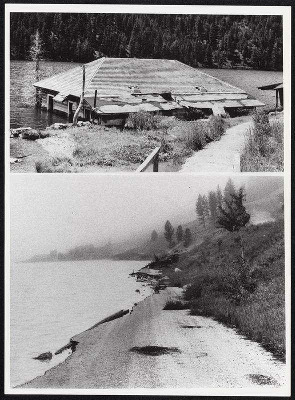 One of the strongest earthquakes ever recorded in North America expended its terrible fury just ten years ago over an eight-state area near Yellowstone Park. As a result, buildings once above water-level now stand permanently inundated and desolate in the waters of Hebgen Dam (above). And a road which once ran through the Madison River Valley now crumbles to a watery end in a quake-dammed lake (below).