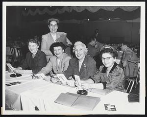 Delegates to State CIO Convention in Hotel Bradford include (from left) Alive Riopel of Worcester, Rose Valtour of Fitchburg (standing), Anna Genander of North Oxford, Margaret Crowley of Clinton, and Sophie Burdzel of Cherry Valley.