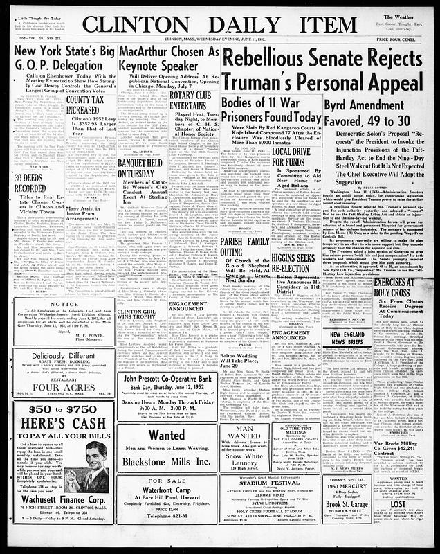 Clinton Daily Item. June 11, 1952 - Digital Commonwealth
